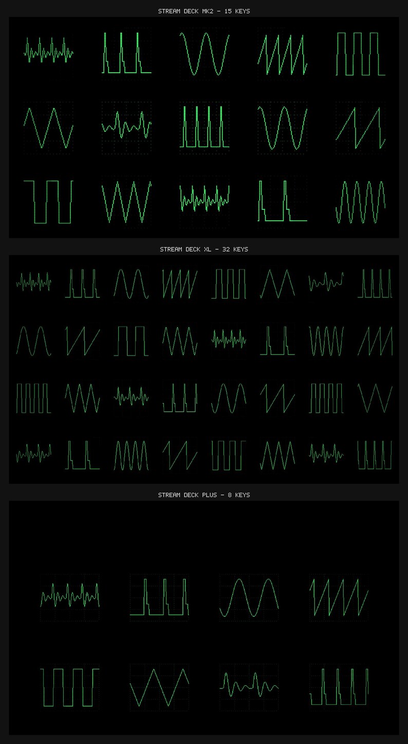 May include: A digital display featuring three sections labeled STREAM DECK MK2 - 15 KEYS, STREAM DECK XL - 32 KEYS, and STREAM DECK PLUS - 8 KEYS. Each section contains a grid of green line-art icons depicting various waveform and pulse patterns.