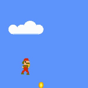 May include: A pixel art character wearing a red hat and red overalls with a brown mustache, positioned below a white cloud against a solid blue background. A single yellow circular coin is located near the bottom of the frame, centered below the character.