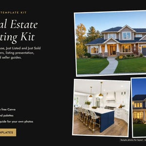 May include: A digital marketing template kit for real estate listings featuring the text Real Estate Listing Kit, Open house, Just Listed and Just Sold posts, flyers, listing presentation, buyer and seller guides, and 35 templates.