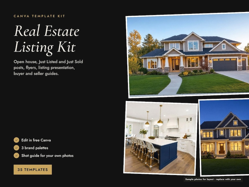 May include: A digital marketing template kit for real estate listings featuring the text Real Estate Listing Kit, Open house, Just Listed and Just Sold posts, flyers, listing presentation, buyer and seller guides, and 35 templates.