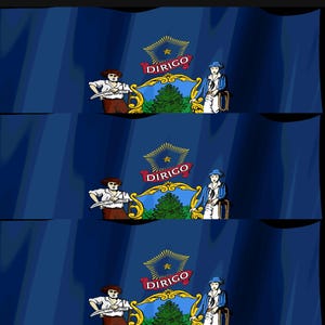 May include: The state flag of Maine features a deep blue field with a central coat of arms. It displays a pine tree, a moose, and two figures representing a farmer and a sailor. Above the shield is a star and a red ribbon with the word DIRIGO.