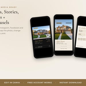 May include: Three smartphones display digital templates for real estate marketing. The screens show house listings, open house details, and market statistics. Text on the left reads: SOCIAL MEDIA READY Posts, Stories, Reels + carousels.