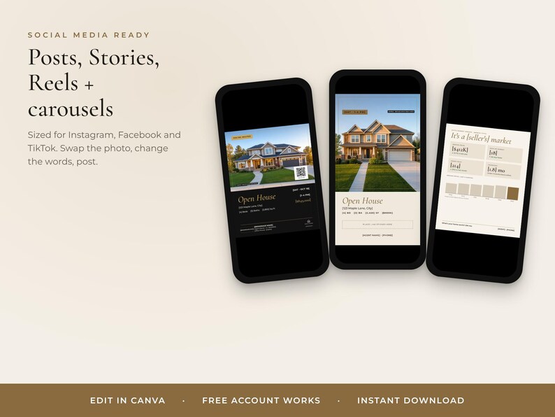 May include: Three smartphones display digital templates for real estate marketing. The screens show house listings, open house details, and market statistics. Text on the left reads: SOCIAL MEDIA READY Posts, Stories, Reels + carousels.