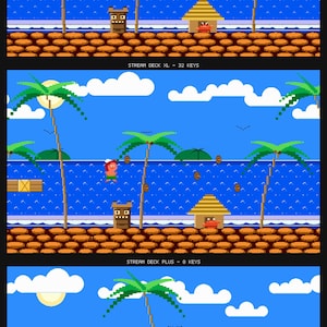 May include: A digital graphic featuring three stacked pixel art scenes of a tropical beach with palm trees, blue water, and clouds. Text labels read: STREAM DECK MK2 - 15 KEYS, STREAM DECK XL - 32 KEYS, and STREAM DECK PLUS - 8 KEYS, each describing a device layout.