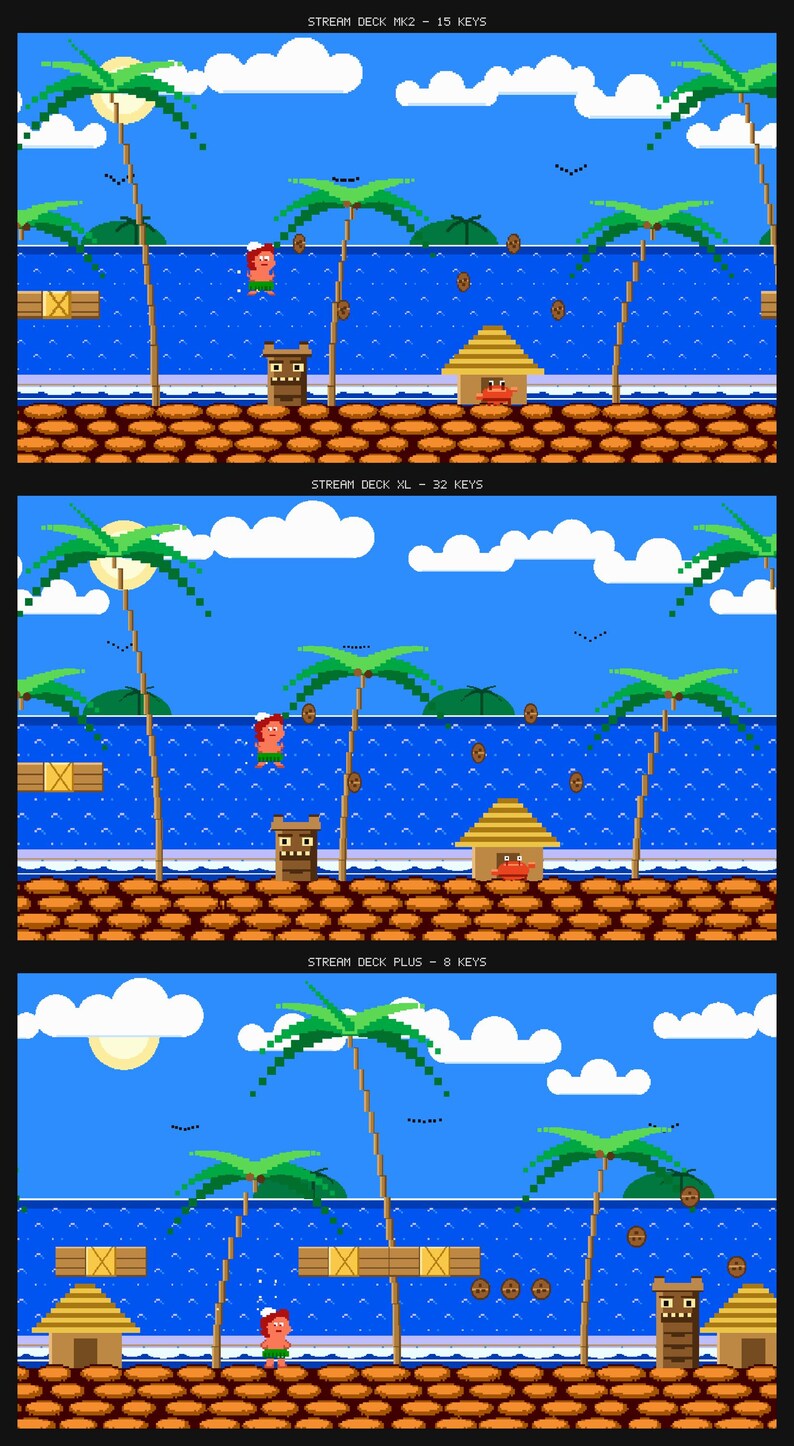Puede incluir: Un gr&aacute;fico digital con tres escenas apiladas de arte de p&iacute;xeles de una playa tropical con palmeras, agua azul y nubes. Las etiquetas de texto dicen: STREAM DECK MK2 - 15 KEYS, STREAM DECK XL - 32 KEYS y STREAM DECK PLUS - 8 KEYS para los dispositivos.