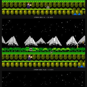Peut inclure: Trois sc&egrave;nes de jeu en pixel art empil&eacute;es montrant un personnage dans un paysage avec des montagnes et un ciel &eacute;toil&eacute;. Les &eacute;tiquettes textuelles sont STREAM DECK MK2 - 15 KEYS, STREAM DECK XL - 32 KEYS et STREAM DECK PLUS - 8 KEYS, au-dessus de chaque sc&egrave;ne.