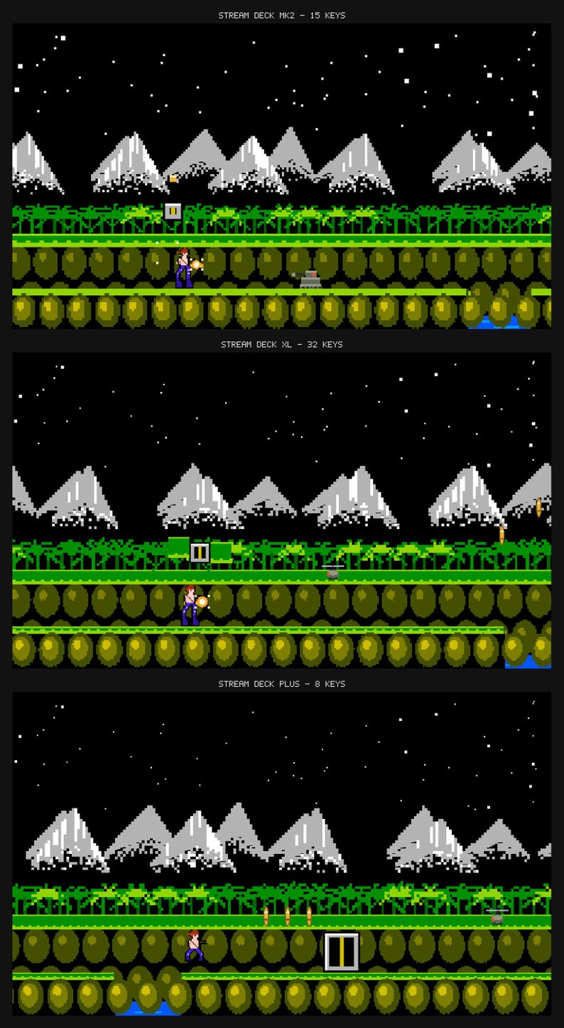 Peut inclure: Trois sc&egrave;nes de jeu en pixel art empil&eacute;es montrant un personnage dans un paysage avec des montagnes et un ciel &eacute;toil&eacute;. Les &eacute;tiquettes textuelles sont STREAM DECK MK2 - 15 KEYS, STREAM DECK XL - 32 KEYS et STREAM DECK PLUS - 8 KEYS, au-dessus de chaque sc&egrave;ne.