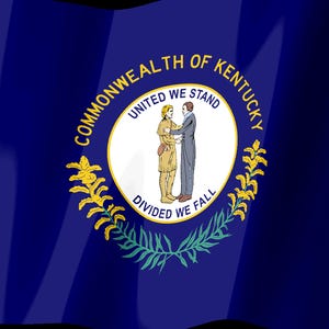 K&ouml;nnte beinhalten: Die offizielle Flagge des Commonwealth of Kentucky zeigt ein tiefblaues Feld mit dem Staatssiegel in der Mitte. Das Siegel zeigt zwei Figuren, die sich die H&auml;nde sch&uuml;tteln, mit dem Text UNITED WE STAND DIVIDED WE FALL und COMMONWEALTH OF KENTUCKY.