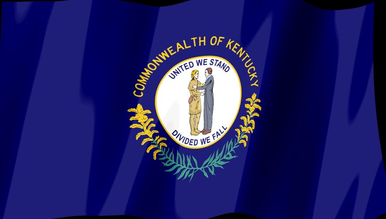 K&ouml;nnte beinhalten: Die offizielle Flagge des Commonwealth of Kentucky zeigt ein tiefblaues Feld mit dem Staatssiegel in der Mitte. Das Siegel zeigt zwei Figuren, die sich die H&auml;nde sch&uuml;tteln, mit dem Text UNITED WE STAND DIVIDED WE FALL und COMMONWEALTH OF KENTUCKY.