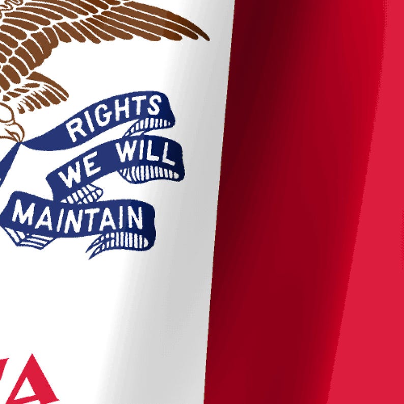 Puede incluir: La bandera de Iowa presenta un dise&ntilde;o tricolor vertical de azul, blanco y rojo. Un &aacute;guila calva est&aacute; centrada en el panel blanco, sosteniendo una cinta azul con el texto RIGHTS WE WILL MAINTAIN. La palabra IOWA est&aacute; impresa en rojo en la parte inferior.