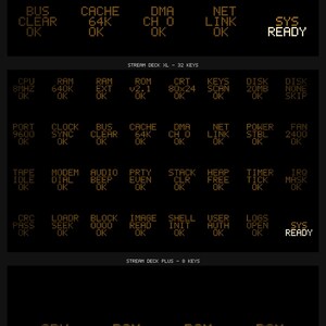 May include: A black digital display featuring three distinct sections labeled Stream Deck MK2, XL, and Plus. Each section contains a grid of orange pixelated text showing system status checks like CPU, RAM, and Disk, ending with the text SYS READY.