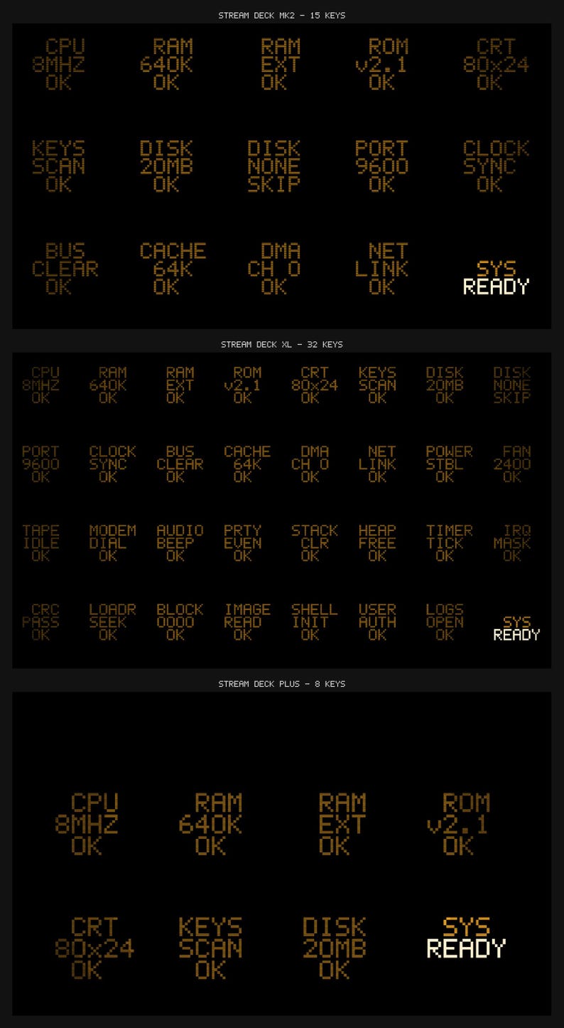 May include: A black digital display featuring three distinct sections labeled Stream Deck MK2, XL, and Plus. Each section contains a grid of orange pixelated text showing system status checks like CPU, RAM, and Disk, ending with the text SYS READY.