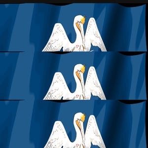 Pode incluir: Uma disposi&ccedil;&atilde;o vertical de tr&ecirc;s bandeiras retangulares id&ecirc;nticas, cada uma com um fundo azul profundo e uma ilustra&ccedil;&atilde;o central de um pelicano branco. O pelicano &eacute; retratado com uma crista amarela, bico laranja e gotas vermelhas no peito.