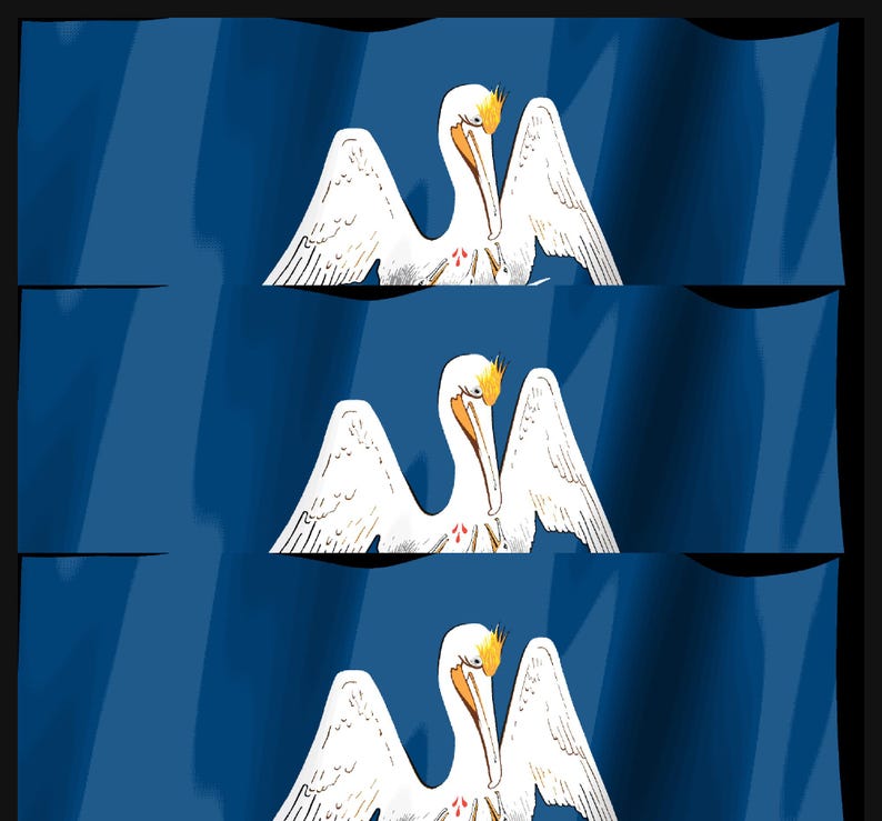 Pode incluir: Uma disposi&ccedil;&atilde;o vertical de tr&ecirc;s bandeiras retangulares id&ecirc;nticas, cada uma com um fundo azul profundo e uma ilustra&ccedil;&atilde;o central de um pelicano branco. O pelicano &eacute; retratado com uma crista amarela, bico laranja e gotas vermelhas no peito.