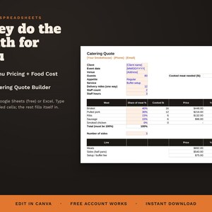 May include: A digital catering quote spreadsheet template featuring a dark background with orange text. The document includes sections for menu pricing, food cost, and a quote builder with fields for client details, meat types, and costs in US dollars.