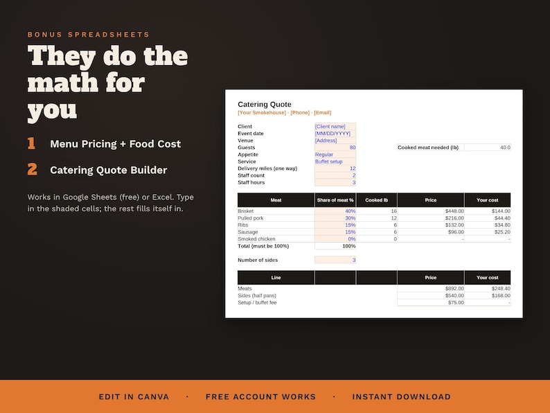 May include: A digital catering quote spreadsheet template featuring a dark background with orange text. The document includes sections for menu pricing, food cost, and a quote builder with fields for client details, meat types, and costs in US dollars.