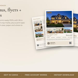 May include: A digital template set for real estate marketing materials including flyers and signs. The design features a large house photo, property details, and text reading 123 Maple Lane, $500,000, with 3mm bleed and crop marks for professional printing.
