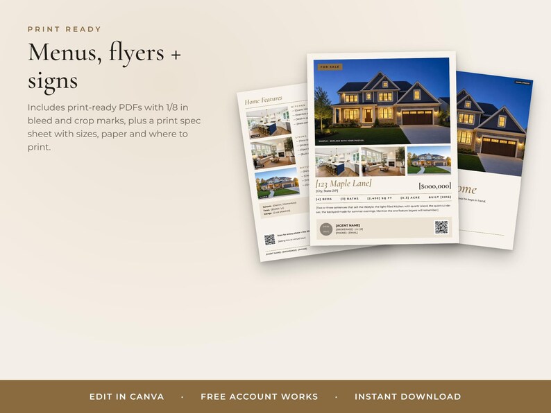 May include: A digital template set for real estate marketing materials including flyers and signs. The design features a large house photo, property details, and text reading 123 Maple Lane, $500,000, with 3mm bleed and crop marks for professional printing.