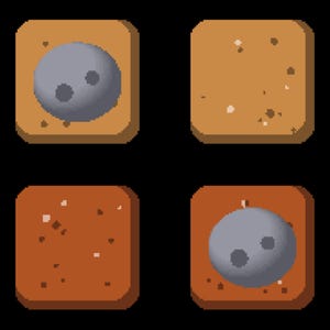 May include: Four square pixel art tiles arranged in a grid. Two tiles feature a light brown surface with scattered dark brown and white specks. The other two tiles display a solid grey circular object with two dark grey dots on a brown background.