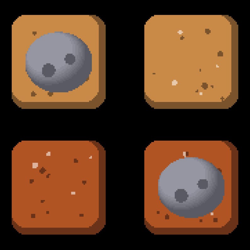 May include: Four square pixel art tiles arranged in a grid. Two tiles feature a light brown surface with scattered dark brown and white specks. The other two tiles display a solid grey circular object with two dark grey dots on a brown background.