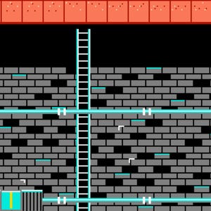Op de afbeelding: Een digitale afbeelding met een verticale witte ladder gecentreerd tegen een donkergrijze bakstenen muur. Een horizontale lichtblauwe pijp loopt door het onderste gedeelte, terwijl een rij oranje rechthoekige blokken de bovenrand vormt.