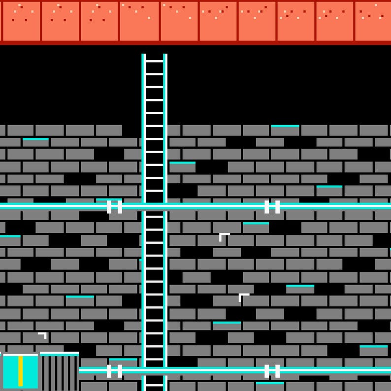 Op de afbeelding: Een digitale afbeelding met een verticale witte ladder gecentreerd tegen een donkergrijze bakstenen muur. Een horizontale lichtblauwe pijp loopt door het onderste gedeelte, terwijl een rij oranje rechthoekige blokken de bovenrand vormt.