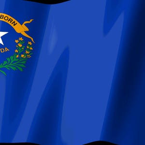 Pode incluir: A bandeira do estado de Nevada apresenta um campo azul s&oacute;lido com uma estrela branca de cinco pontas no canto superior esquerdo. Acima da estrela h&aacute; uma fita dourada com o texto BATTLE BORN e abaixo a palavra NEVADA em letras douradas.