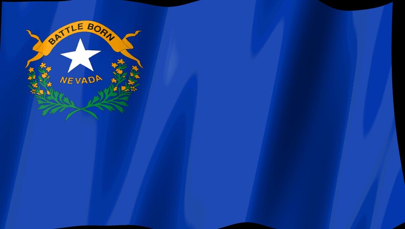 Pode incluir: A bandeira do estado de Nevada apresenta um campo azul s&oacute;lido com uma estrela branca de cinco pontas no canto superior esquerdo. Acima da estrela h&aacute; uma fita dourada com o texto BATTLE BORN e abaixo a palavra NEVADA em letras douradas.