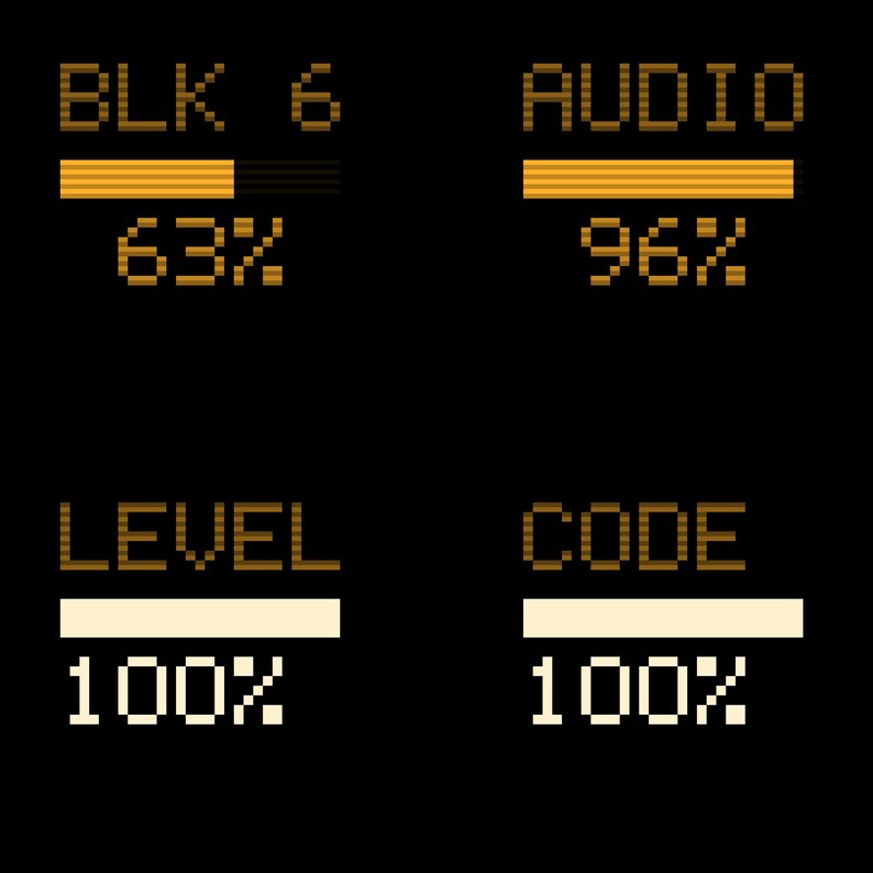 Peut inclure: Une interface num&eacute;rique sur fond noir pr&eacute;sentant quatre barres de progression. La rang&eacute;e sup&eacute;rieure affiche BLK 6 &agrave; 63 % et AUDIO &agrave; 96 % en orange. La rang&eacute;e inf&eacute;rieure indique LEVEL et CODE &agrave; 100 % en blanc, avec des barres de progression associ&eacute;es.
