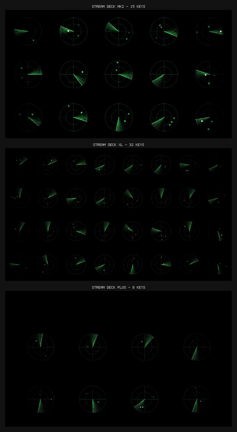 Pode incluir: Uma cole&ccedil;&atilde;o de &iacute;cones digitais com gr&aacute;ficos de tela de radar em verde sobre um fundo preto. A imagem est&aacute; organizada em tr&ecirc;s se&ccedil;&otilde;es rotuladas como STREAM DECK MK2 - 15 KEYS, STREAM DECK XL - 32 KEYS e STREAM DECK PLUS - 8 KEYS.