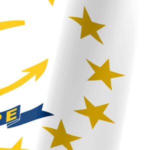 May include: A white flag featuring a circular arrangement of gold stars. A portion of a yellow anchor graphic is visible on the left side, partially obscured by a blue ribbon banner containing the partial yellow text letters P and E.