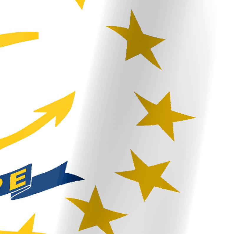 May include: A white flag featuring a circular arrangement of gold stars. A portion of a yellow anchor graphic is visible on the left side, partially obscured by a blue ribbon banner containing the partial yellow text letters P and E.