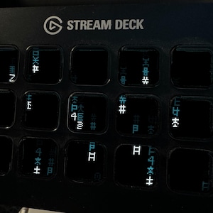 Op de afbeelding: Een zwarte Stream Deck-bedieningsconsole met een raster van vijftien vierkante knoppen. Elke knop toont een unieke, glitchy digitale afbeelding bestaande uit witte en lichtblauwe gepixelde symbolen, tekens en abstracte geometrische vormen.