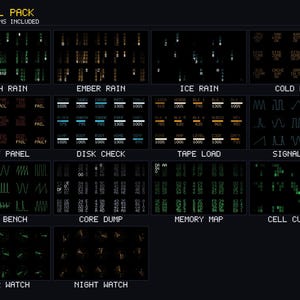 May include: A digital collection titled Terminal Pack featuring 14 distinct pixel art interface designs. Each panel displays unique data visualizations, including system status bars, signal waveforms, memory maps, and scrolling code in various colors.