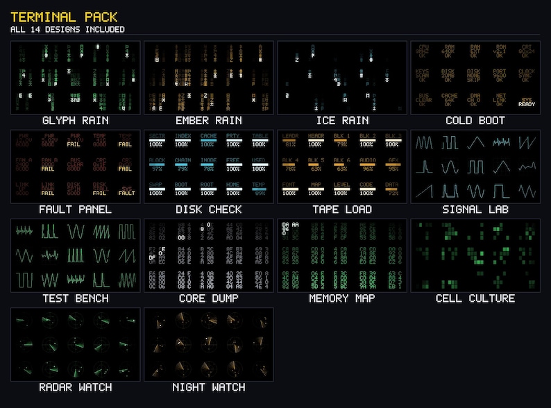 May include: A digital collection titled Terminal Pack featuring 14 distinct pixel art interface designs. Each panel displays unique data visualizations, including system status bars, signal waveforms, memory maps, and scrolling code in various colors.