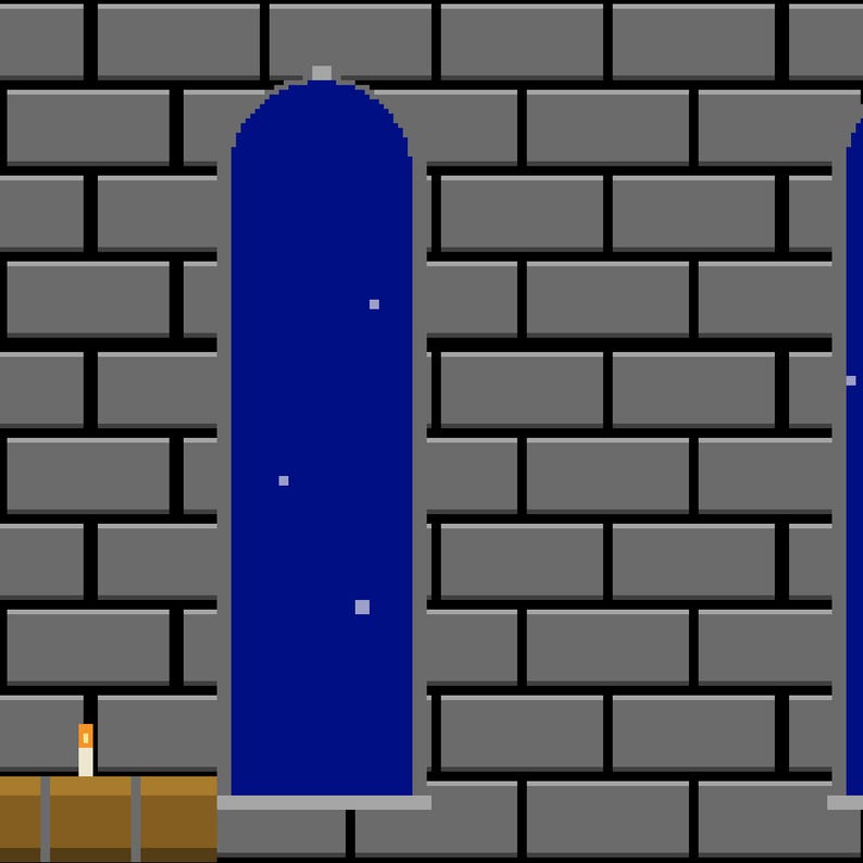 May include: A pixel art scene featuring a gray brick wall background with two tall, arched blue windows containing small white dots. A small brown wooden crate sits in the lower left corner with a single lit candle placed on top of the crate surface.