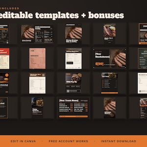 May include: A collection of 38 editable digital templates for a smokehouse restaurant, featuring various menu layouts, promotional flyers, and social media graphics with dark backgrounds, orange accents, and images of smoked brisket and ribs.