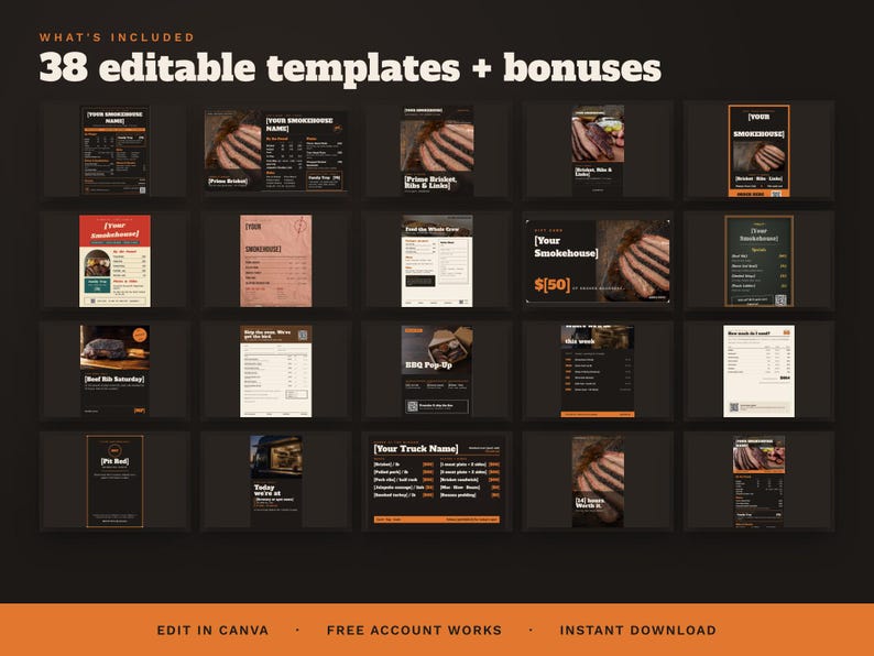 May include: A collection of 38 editable digital templates for a smokehouse restaurant, featuring various menu layouts, promotional flyers, and social media graphics with dark backgrounds, orange accents, and images of smoked brisket and ribs.