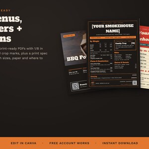 May include: A digital template set for barbecue restaurant marketing materials, including menus, flyers, and signs. The design features a dark colour scheme with orange accents, displaying text such as YOUR SMOKEHOUSE NAME and BBQ Pop-Up.