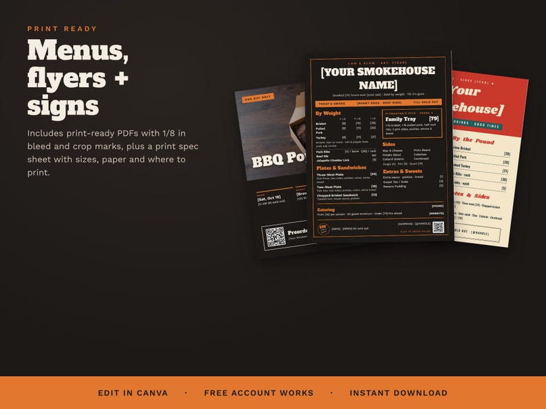 May include: A digital template set for barbecue restaurant marketing materials, including menus, flyers, and signs. The design features a dark colour scheme with orange accents, displaying text such as YOUR SMOKEHOUSE NAME and BBQ Pop-Up.