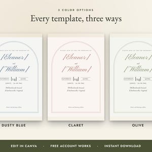 K&ouml;nnte beinhalten: Drei Hochzeitseinladungsvorlagen mit einem bogenf&ouml;rmigen Randdesign, dem Text "Every template, three ways" und "3 COLOR OPTIONS". Die Karten zeigen die Namen "Eleanor and William" in den Farben Staubblau, Bordeaux und Oliv.