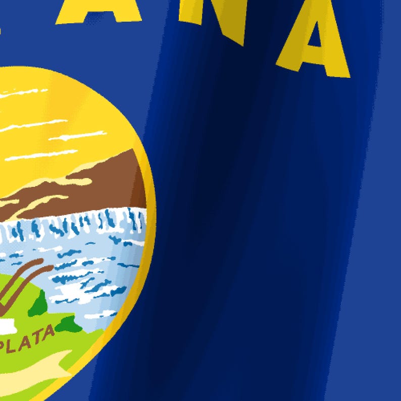Puede incluir: Una bandera azul con un emblema circular que muestra un sol amarillo sobre monta&ntilde;as marrones y un r&iacute;o azul. El texto PLATA es visible en la parte inferior izquierda del emblema, y las letras ANA est&aacute;n impresas en fuente amarilla sobre el fondo azul.