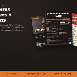 May include: A digital template set for barbecue restaurant marketing materials, including menus, flyers, and signs. The design features a dark color scheme with orange accents, displaying text such as YOUR SMOKEHOUSE NAME and BBQ Pop-Up.