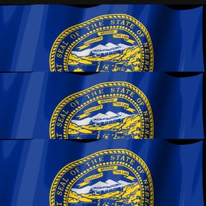 May include: A blue flag featuring the Great Seal of the State of Nebraska in gold. The seal depicts a train, mountains, and a river, with a banner reading Equality Before The Law. The flag appears in three horizontal sections with a wavy texture.