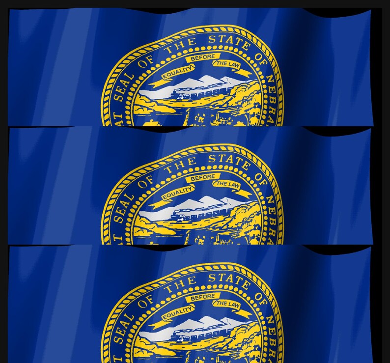 May include: A blue flag featuring the Great Seal of the State of Nebraska in gold. The seal depicts a train, mountains, and a river, with a banner reading Equality Before The Law. The flag appears in three horizontal sections with a wavy texture.