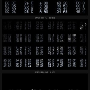 Puede incluir: Una pantalla gr&aacute;fica negra con tres secciones distintas etiquetadas como STREAM DECK MK2 - 15 KEYS, STREAM DECK XL - 32 KEYS y STREAM DECK PLUS - 8 KEYS. Cada secci&oacute;n contiene una cuadr&iacute;cula de caracteres alfanum&eacute;ricos hexadecimales blancos.