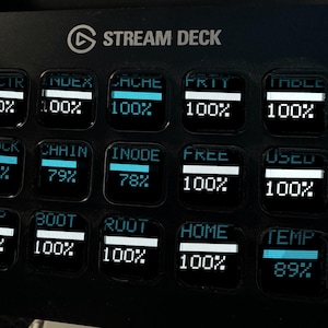 May include: A black Stream Deck control panel featuring fifteen square LCD keys. Each key displays a text label such as INDEX, CACHE, or TEMP, accompanied by a horizontal progress bar and a percentage value indicating system status metrics.