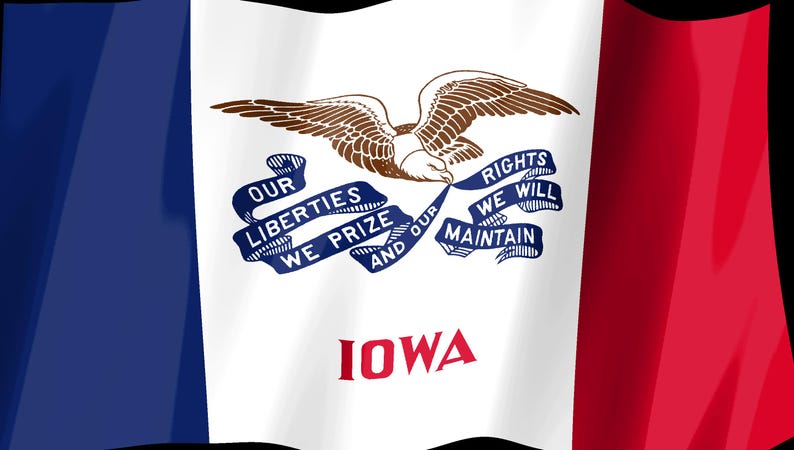 Puede incluir: La bandera del estado de Iowa presenta franjas verticales de color azul, blanco y rojo. Centrado en la franja blanca hay un &aacute;guila calva que sostiene un lazo azul con el texto "OUR LIBERTIES WE PRIZE AND OUR RIGHTS WE WILL MAINTAIN". La palabra "IOWA" est&aacute; impresa en rojo debajo.