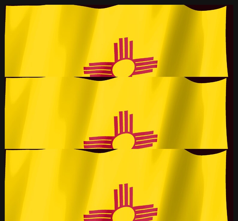Pode incluir: Tr&ecirc;s bandeiras retangulares horizontais do Novo M&eacute;xico empilhadas, cada uma com um campo amarelo brilhante e um s&iacute;mbolo solar vermelho Zia no centro. As bandeiras apresentam um leve efeito de ondula&ccedil;&atilde;o, criando uma sensa&ccedil;&atilde;o de movimento.