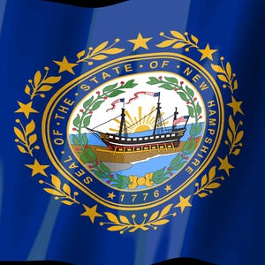 May include: The state flag of New Hampshire features a deep blue field with the state seal centered. The seal depicts a ship on water with a rising sun, surrounded by a laurel wreath and nine stars. The text reads SEAL OF THE STATE OF NEW HAMPSHIRE 1776.